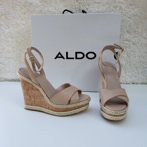 NEW ALDO PLATFORM WEDGE HEELS SANDALS, Leather, Beige, Women's shoes Size 10
